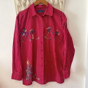 Karen Scott Button Up Womens SZ Large - Red White Stripe Christmas Embroidery
